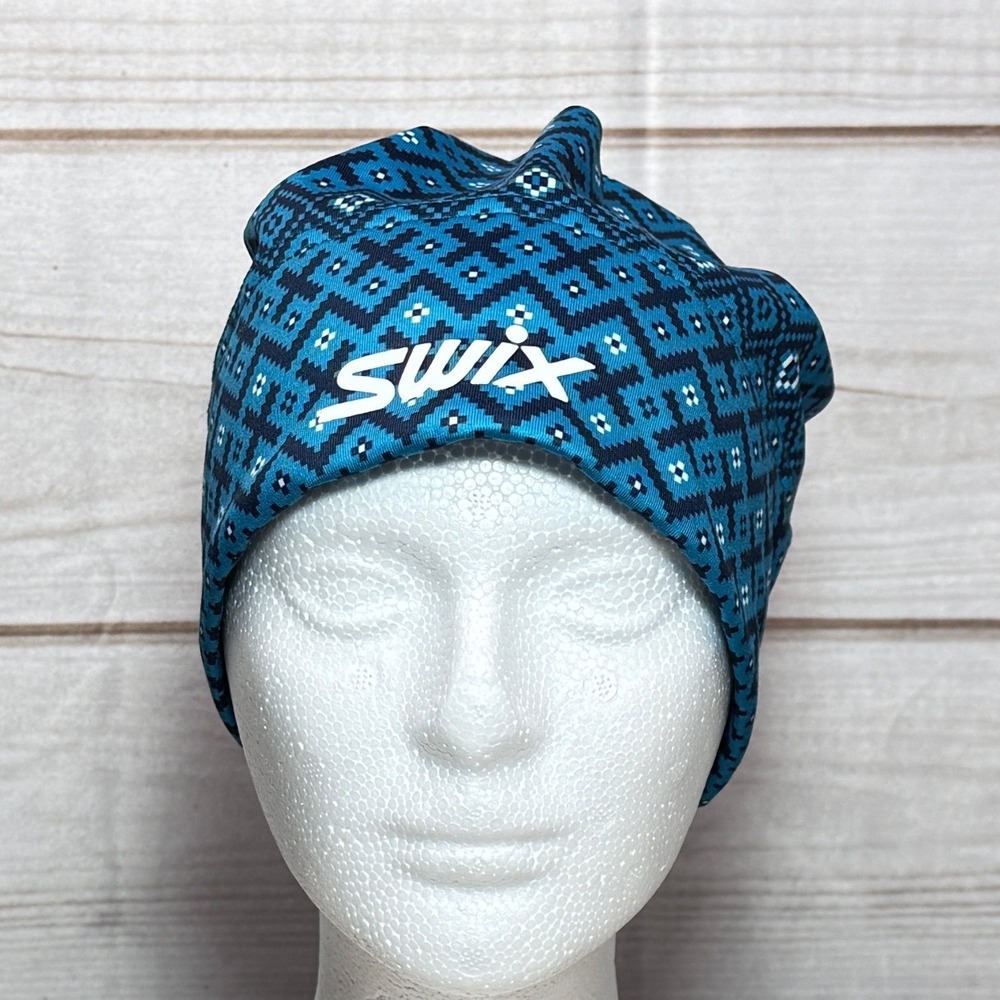 Swix Nordic Beanie Hat Blue Geometric Fair Isle Fleece Lined Unisex OS